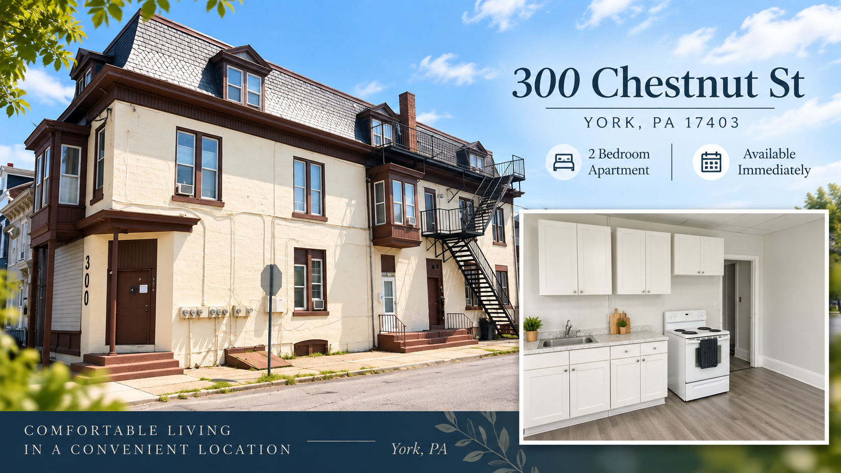 300 Chestnut Street apartment building and kitchen